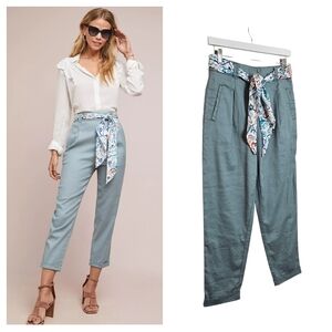 Anthropologie ett:twa Nias Belted Linen Blend Pants Womens 2 High Waist Trousers
